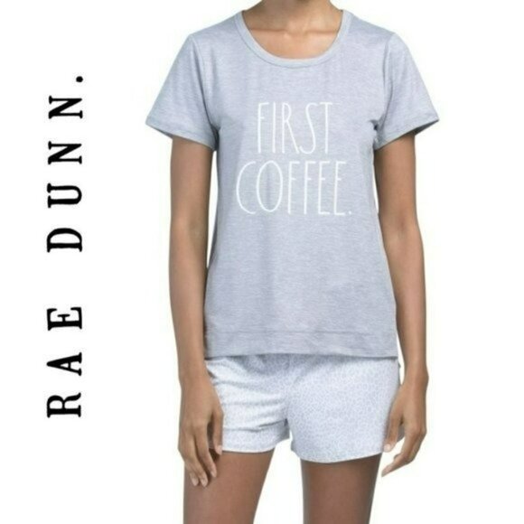 NWT RAE DUNN 2pc Ultra Soft First Coffee Tee and Shorts Pajama Set - Picture 1 of 5